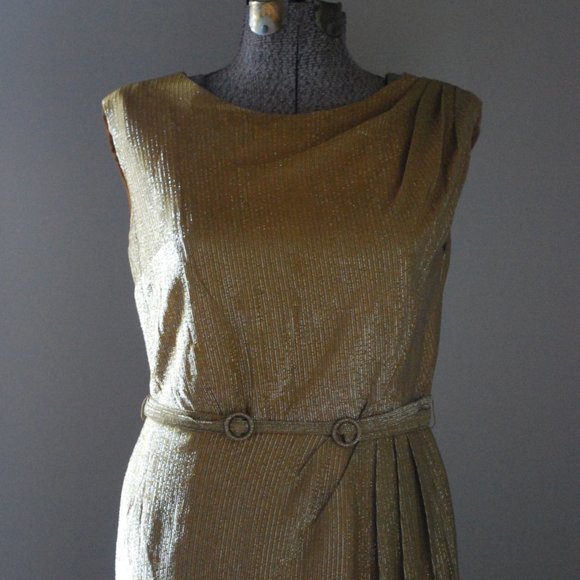 Shimmery gold cocktail dress w/double belt buckle - Picture 2 of 11